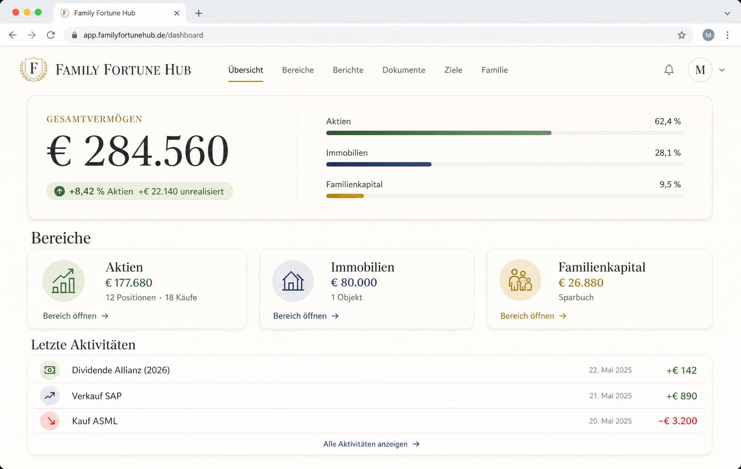 Screenshot der Family Fortune Hub App